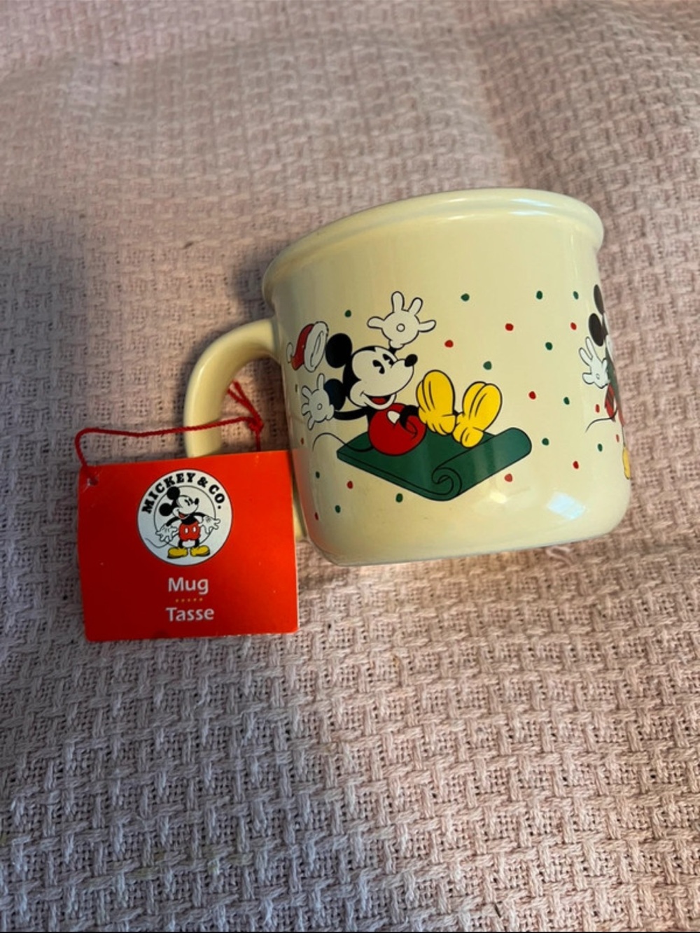 Hallmark Cream Mickey Mouse Holiday Coffee Mug with Red Tag